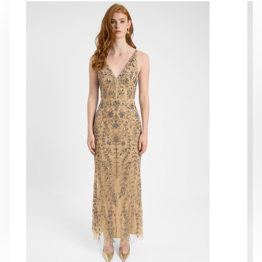 Embellished V-Neck Beige Dress